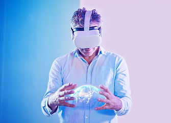 Image showing Man hands, metaverse and virtual reality globe hologram for world networking, global digital transformation or space science. Vr headset, 3d earth and futuristic planet abstract in neon cyber fantasy