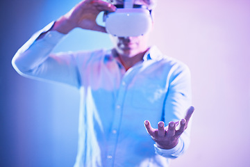 Image showing Metaverse headset, virtual reality and man hand holding cyber world ai, digital transformation and abstract space in palms. Vr, futuristic technology and innovation software on neon studio background