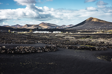 Image showing Traditional white houses in black volcanic landscape of La Geria wine growing region with view of Timanfaya National Park in Lanzarote. Touristic attraction in Lanzarote island, Canary Islands, Spain.