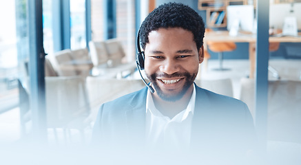Image showing Telemarketing, call center and black man with smile, communication and discussion in office or workspace. African American consultant, business agent and consultation for advice and online webinar