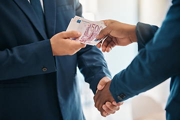 Image showing Handshake, money and business for corruption, sale transaction and pay worker with cash. Closeup, corrupt male hands and bribery for illegal service, bribe for contract agree and unlawful wealth.