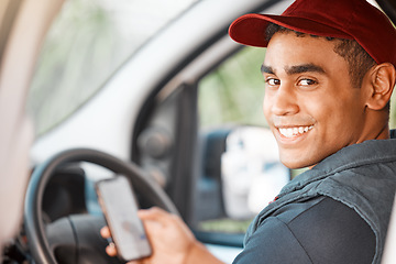 Image showing Driver man of delivery car, logistics and shipping worker working on transport stock, cargo and ecommerce industry. Happy courier employee with package transportation and distribution service in van