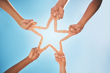 Image showing Hands, star and teamwork with friends in a huddle on a clear blue sky background from below. Trust, support and community with a group of people making a hand sign shape outdoor together in the day