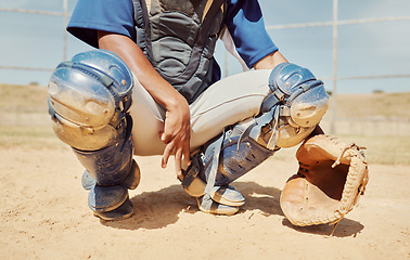 Image showing Baseball, sports and hands of a man with a sign during a game, competition or event on a field. Professional athlete waiting for the ball during sport with gear in nature, park or natural environment