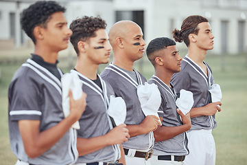 Image showing Baseball, sports and respect with a team standing to sing an anthem song before a game or match outdoor. Fitness, sport and collaboration with a man athlete group taking pride in being patriotic