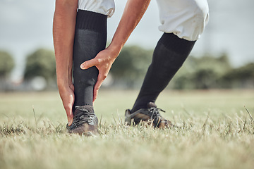 Image showing Sports man, ankle injury and athlete pain during workout training or sport competition. Athletic player leg accident, muscle ache medical emergency or suffering from inflammation on grass field