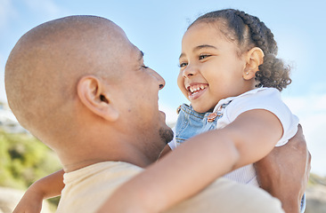 Image showing Father, girl and family relationship play outdoor in nature with a happy smile and love together. Happiness hug, dad care and daughter child in the air spending quality time on a summer vacation