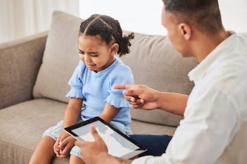 Image showing Angry, fight and upset, man and girl, father discipline daughter and crying, tablet mockup and no screen time punishment. Naughty, child and disappointed dad, fight and zero technology at home.