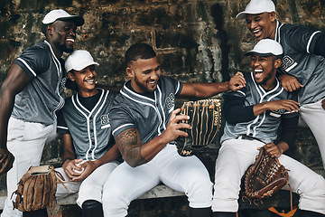 Image showing Smile, happy or laughing baseball player team on fitness break, exercise workout or training in match game or competition. Men, friends or softball player sports people bonding in comic wellness rest