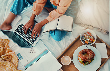Image showing Breakfast, bed and laptop hands for work from home productivity, time management and planning financial document. Nutrition, food blog and business woman typing on pc for remote copywriting above