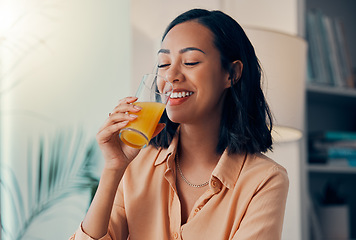 Image showing Orange juice, drink and happy black woman relax while drinking health liquid or organic fruit beverage. Happiness, smile and thirsty nutritionist girl with glass of juice for wellness and hydration
