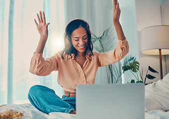 Image showing Happy woman, laptop and listening to music using headphones, internet and dancing sitting in bedroom apartment for fun. Female, energy dance and streaming online with wifi technology to relax at home