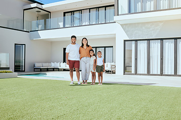 Image showing Happy family, outdoor portrait and real estate, new home and dream luxury house, building mortgage and investment in Colombia. Parents, kids and family homeowner, summer garden lawn and property loan