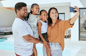 Image showing Holiday, vacation and Indonesia family selfie on smartphone for outdoor summer love, wellness and luxury with mother, father and children. Happy parents, mom and dad with kids by pool phone portrait