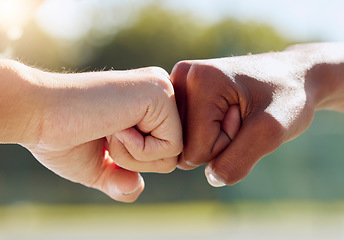 Image showing Hands, fist bump or sports people in success, support or collaboration for fitness or exercise training. Zoom, black woman motivation or friends in winner teamwork, community trust or workout goals