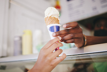 Image showing Hands, ice cream and woman buying icecream cone at a shop, local and small business support. Sugar, dessert and person purchase snack from seller to enjoy on summer day as a frozen sweet in the city