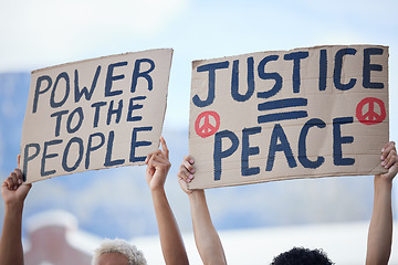 Image showing Protest, crowd and activism for peace, climate change and justice in street with poster in hands. People, placard and writing on sign for solidarity, unity and diversity of race, religion and gender