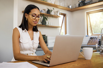 Image showing Remote work, busines woman and use laptop for typing, planning for startup company and strategy for finance. Entrepreneur, digital device or work from home being focus, thinking or writer copywriting