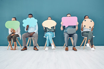 Image showing Speech bubble, waiting room and business people with social media marketing, recruitment or HR chat sign. Corporate group of people and branding board for we are hiring advertising chroma key mock up