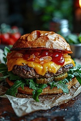 Image showing Close-up of home made tasty burger on wooden table