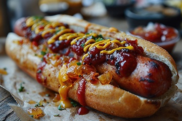 Image showing Hotdog with a large sausage filled with ketchup and mustard