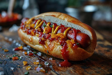 Image showing Classic tasty hotdog with some extras