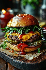 Image showing Close-up of home made tasty burger on wooden table