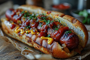 Image showing Hotdog with a large sausage filled with ketchup and mustard