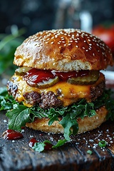 Image showing Tasty cheeseburger on wooden tray, spices and vegetables near it