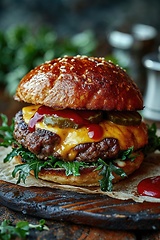 Image showing Tasty cheeseburger on wooden tray, spices and vegetables near it