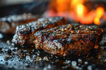 Image showing Large juicy beef rib eye steak on a hot grill