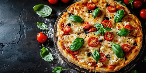 Image showing Delicious homemade pizza on black wooden table