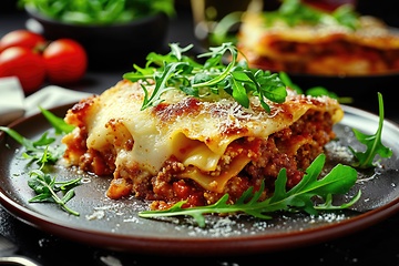 Image showing Homemade lasagna slice with minced beef bolognese and bechamel sauce