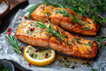 Image showing Tasty and fresh cooked salmon fish fillet with lemon and rosemary