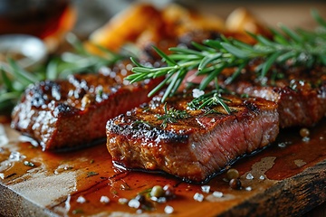 Image showing Grilled medium rib eye steak with rosemary and tomato