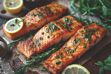 Image showing Tasty and fresh cooked salmon fish fillet with lemon and rosemary