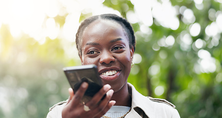 Image showing Phone call, black woman and smile in park or nature with communication, networking or technology for business. Person, face and smartphone with happiness for conversation, discussion or speaker voice