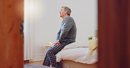Image showing Lonely, senior man and thinking in bedroom with depression, anxiety or mental health in retirement. Tired, elderly person and remember grief or loss in morning, home or sad in the house with a memory