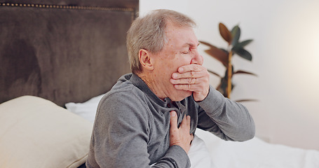 Image showing Sick, cough and senior man in bed with allergies, flu or cold on a weekend morning at home. Illness, chest pain and elderly male person in retirement with asthma or infection in bedroom at house.