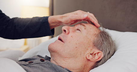 Image showing Elderly woman caring her husband in bed with love, care and marriage at modern home together. Sick, recover and senior couple in retirement with illness in bedroom of hospice, nursing center or house