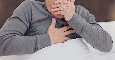 Image showing Sick, cough and closeup of senior man in bed with allergies, flu or cold on weekend morning at home. Illness, chest pain and zoom of elderly male person in retirement with asthma in bedroom at house.