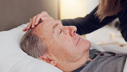 Image showing Senior woman caring her husband in bed with love, care and marriage at modern home together. Sick, recover and elderly couple in retirement with illness in bedroom of hospice, nursing center or house