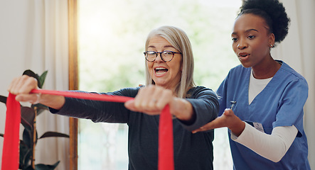 Image showing Resistance band, exercise and senior woman with physical therapy, healthcare for muscle and arms. Strong, fitness and elderly person with nurse or physiotherapist to help in rehabilitation workout