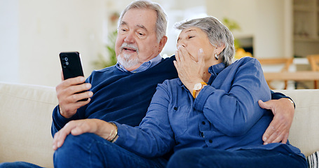 Image showing Home, internet and senior couple with cellphone, love and connection with social media, talking and post. People, mature man and old woman with smartphone, online reading and typing with mobile user