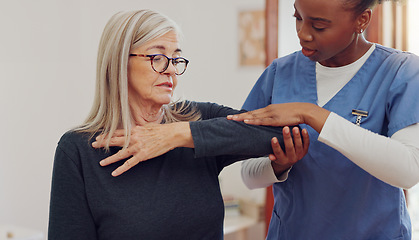 Image showing Physical therapy, senior woman and injury check at a retirement home for wellness and healthy. Medical, worker and caregiver with elderly consultation at clinic with help and support of chiropractor