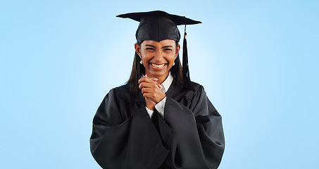 Image showing Graduation, education success and woman in portrait for achievement in learning on blue background. Mockup space, celebration and university graduate, certified with pride and knowledge in studio