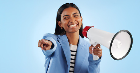 Image showing Portrait, pointing to you and woman with a megaphone, business and motivation on a blue studio background. Face, person and consultant with a bullhorn, employee and support with announcement and news