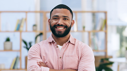 Image showing Portrait, business and man with in a workplace, arms crossed and career with success, employee and agency. Face, Mexican person and consultant with a smile, entrepreneur and worker with a startup