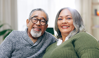 Image showing Senior, portrait and couple with smile in lounge for relax, peace and love with commitment and trust. Face, old man and woman with happiness, bond and respect for marriage, relationship and support