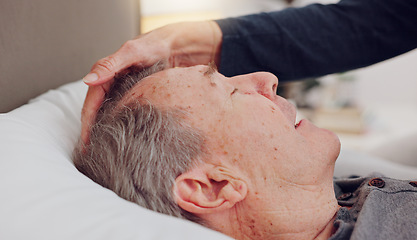 Image showing Senior woman care for sick husband in bed with love, bonding and marriage at home together. Illness, recovery and elderly couple in retirement relaxing in bedroom of hospice, nursing center or house.